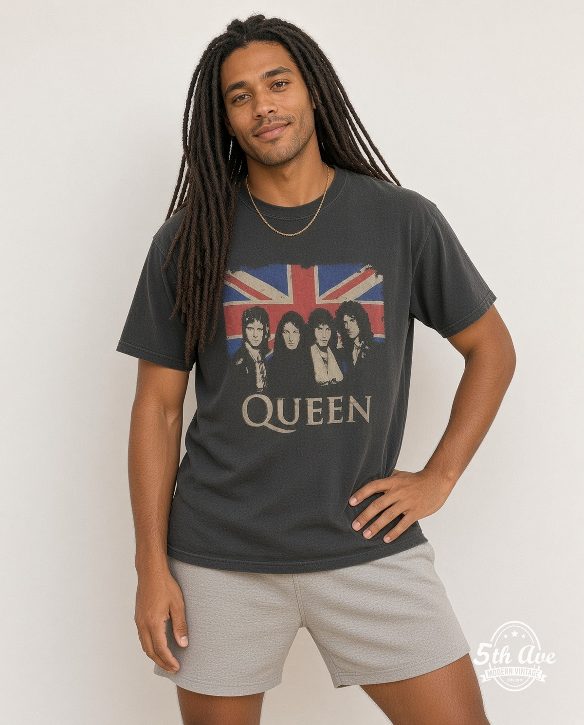 Model wearing the Queen Union Jack Band Portraits vintage band t-shirt
