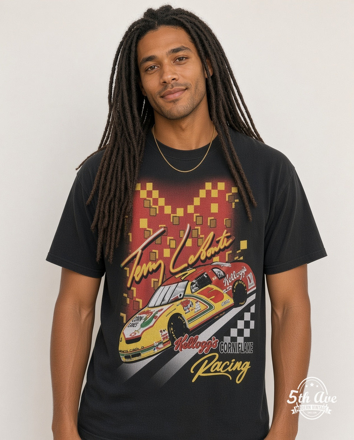 Model wearing the NASCAR Terry Labonte #5 Kellogg's Corn Flakes all-over-print NASCAR t-shirt in black