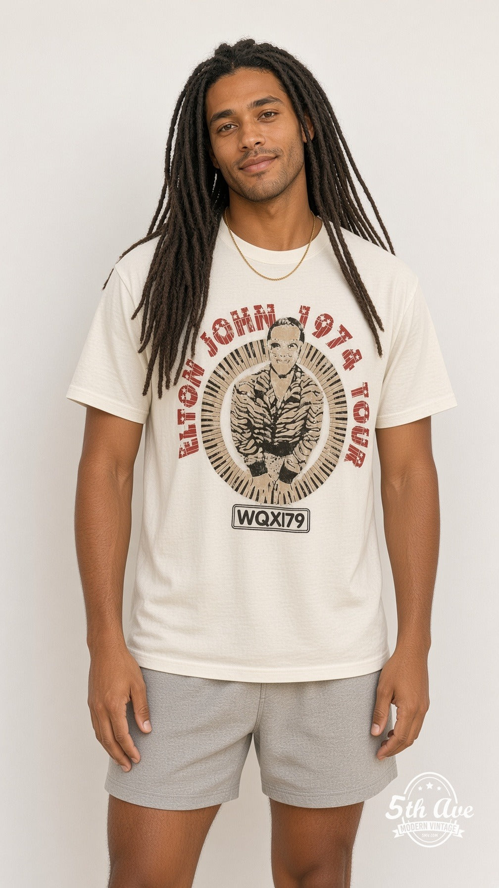 Model wearing the Elton John 1974 Tour Concert vintage band t-shirt