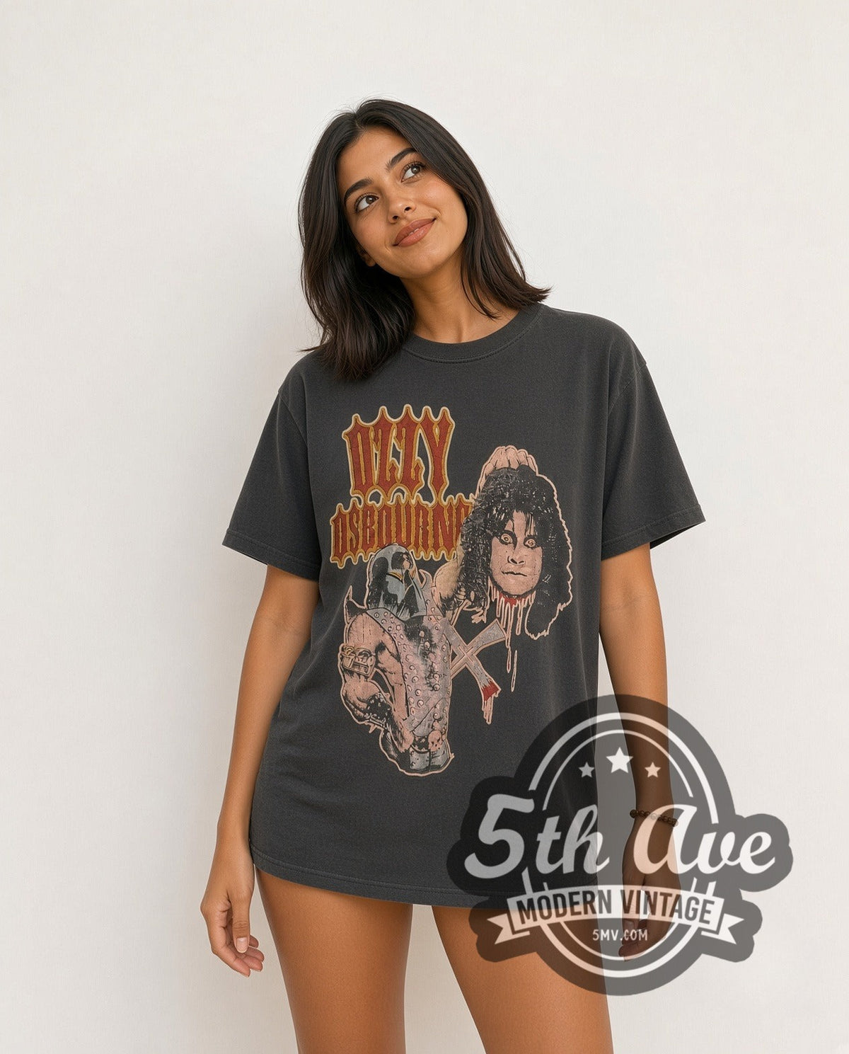 Model wearing the Ozzy Osbourne Medieval Knight vintage band t-shirt
