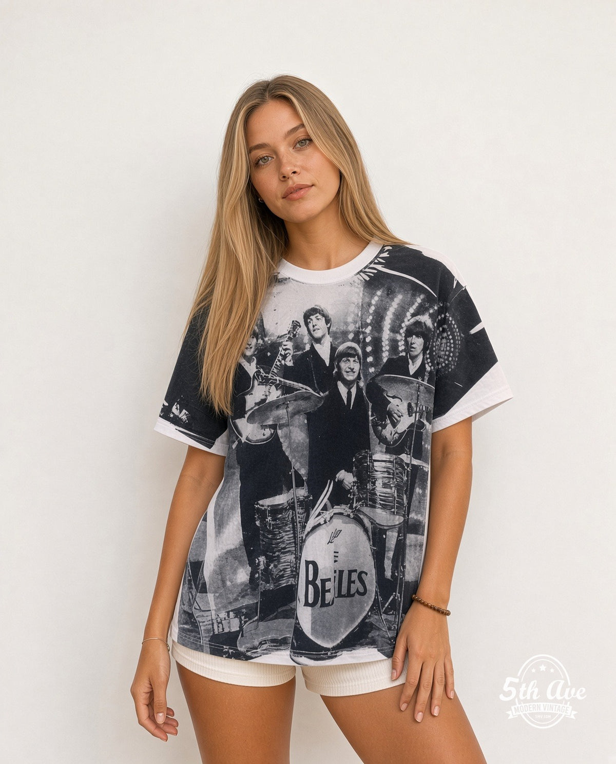 Model wearing The Beatles Early Era Live Stage Photo vintage band t-shirt