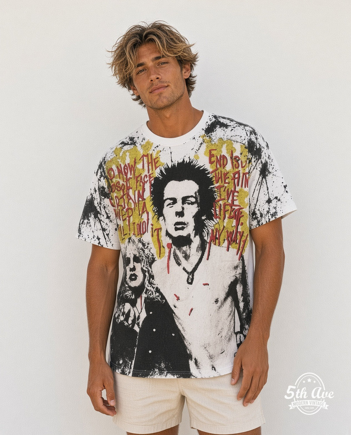 Model wearing the Sex Pistols Sid Vicious Sid and Nancy all-over-print vintage band t-shirt