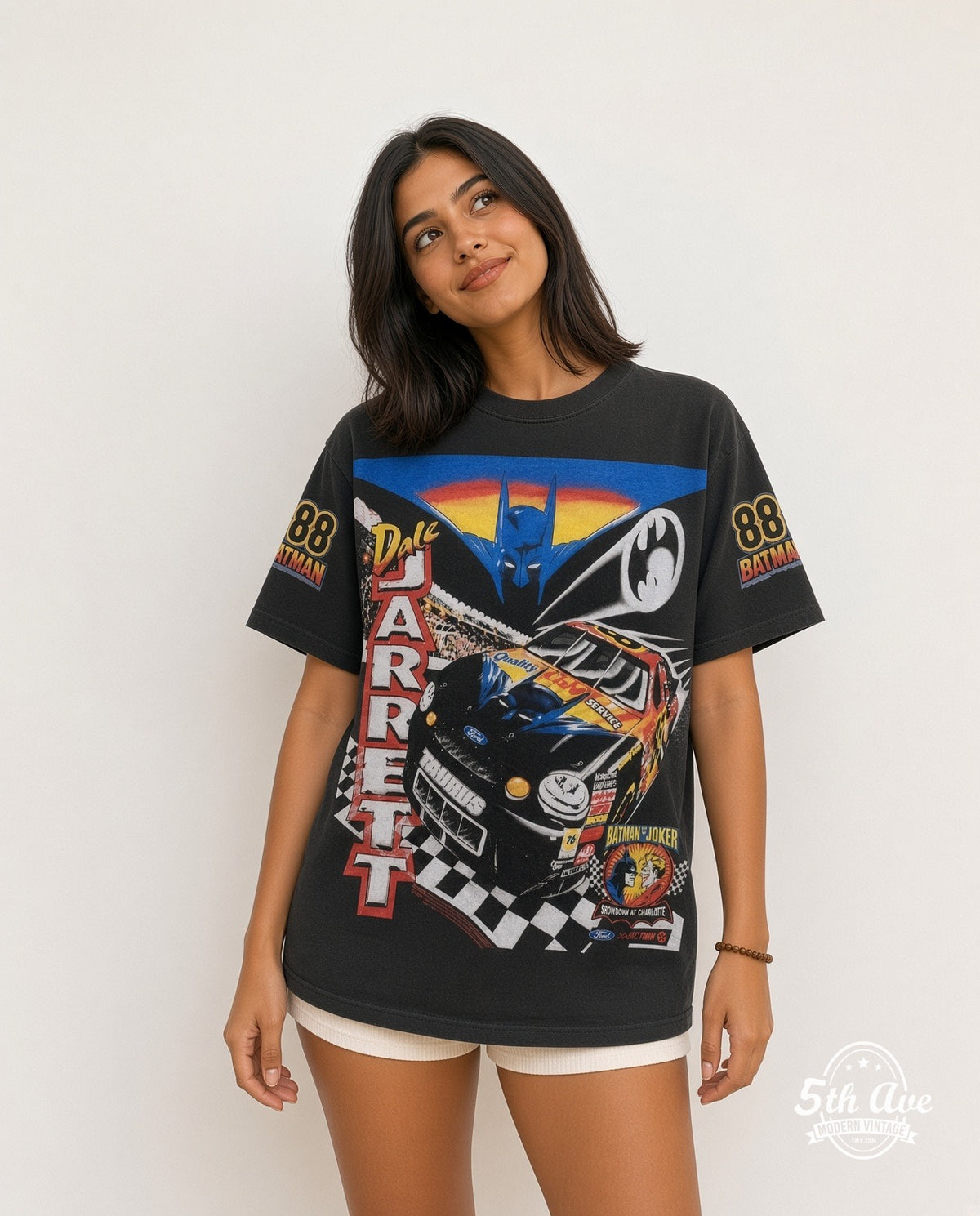 Model wearing the NASCAR Dale Jarrett #88 Batman Forever all-over-print NASCAR t-shirt in black
