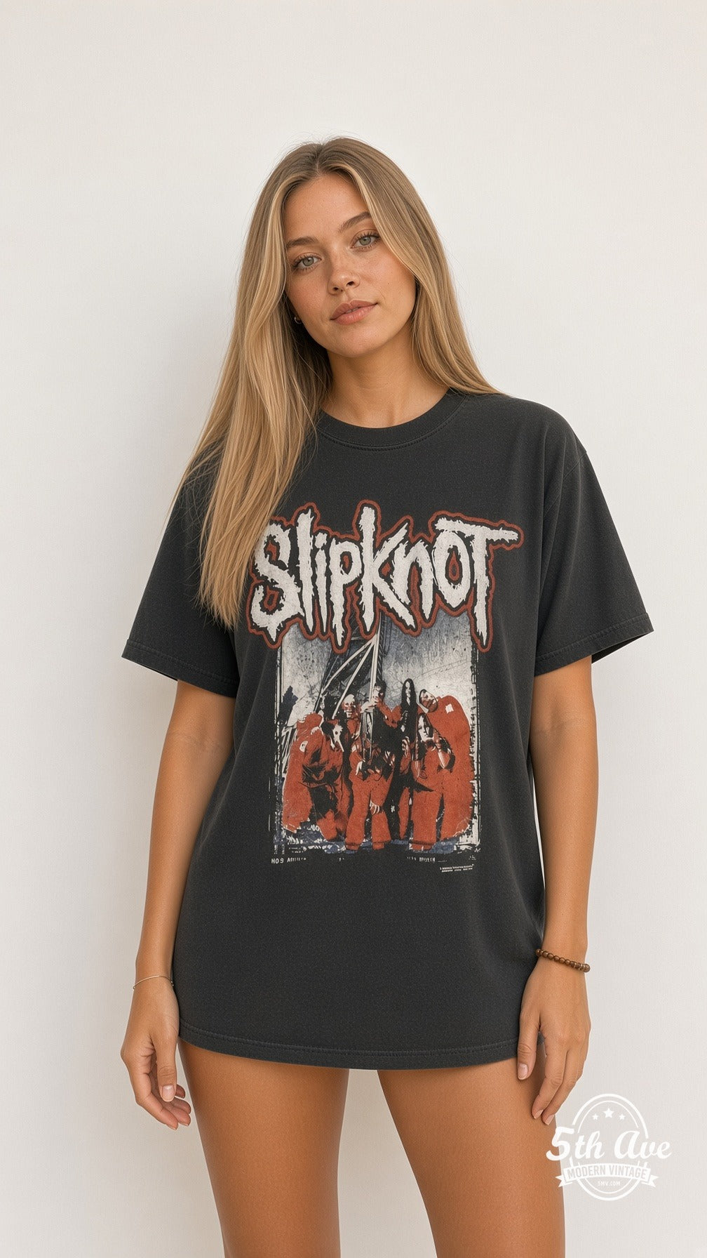 Model wearing the Slipknot Red Jumpsuits Group / Barcode vintage band t-shirt