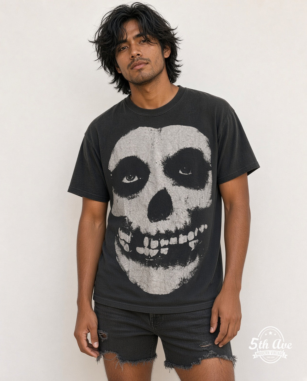 Model wearing the Misfits Crimson Ghost Skull vintage band t-shirt