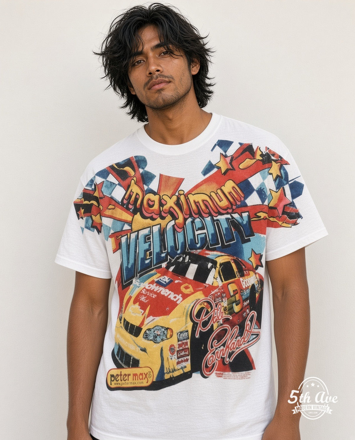 Model wearing the NASCAR Dale Earnhardt #3 Maximum Velocity Peter Max all-over-print NASCAR t-shirt in white