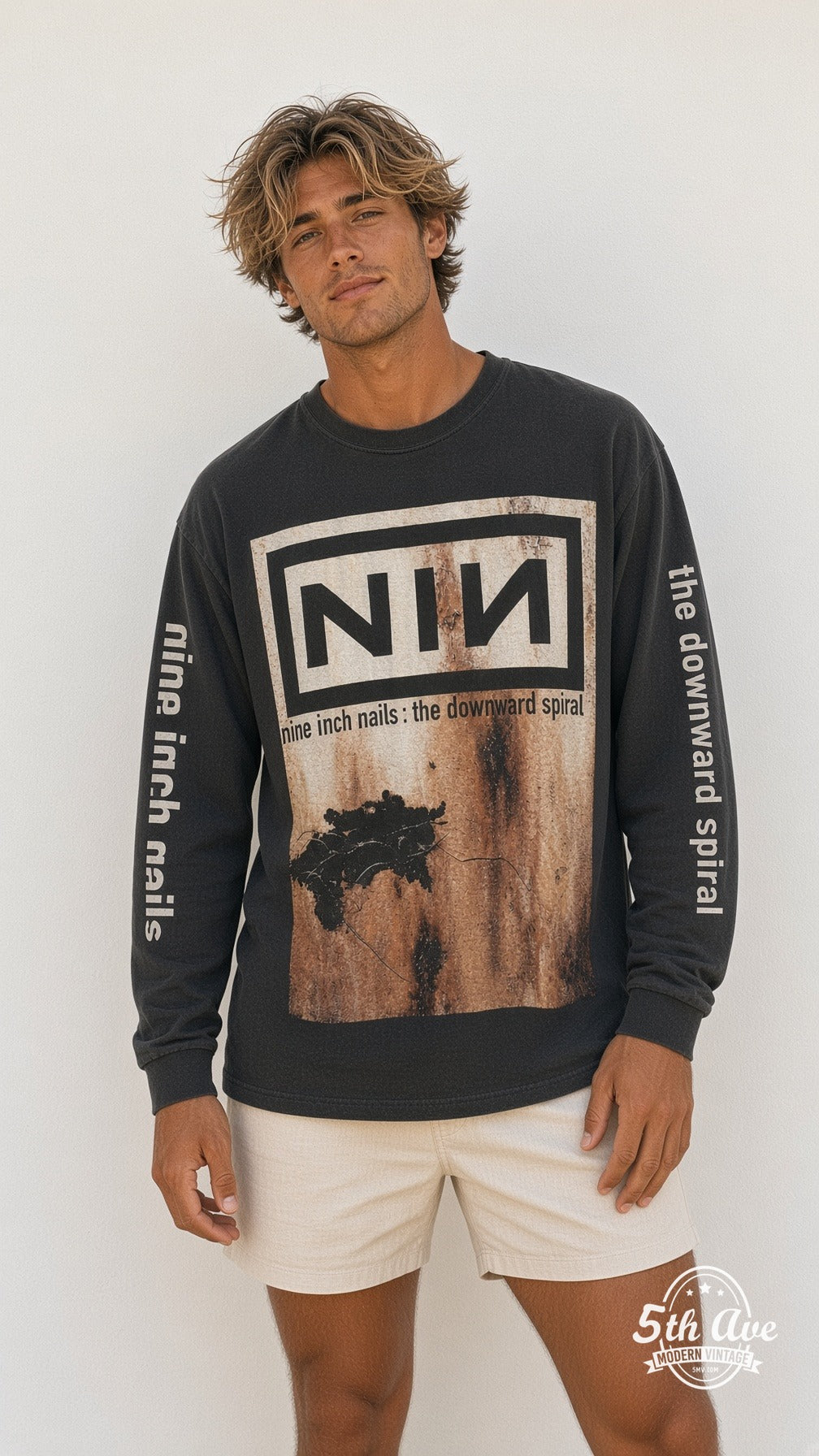Model wearing the Nine Inch Nails The Downward Spiral long sleeve vintage band t-shirt