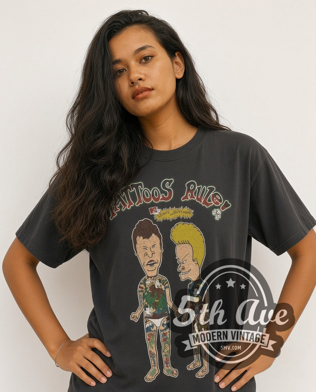 Model wearing the Beavis and Butt-Head Tattoos Rule vintage cartoon tee