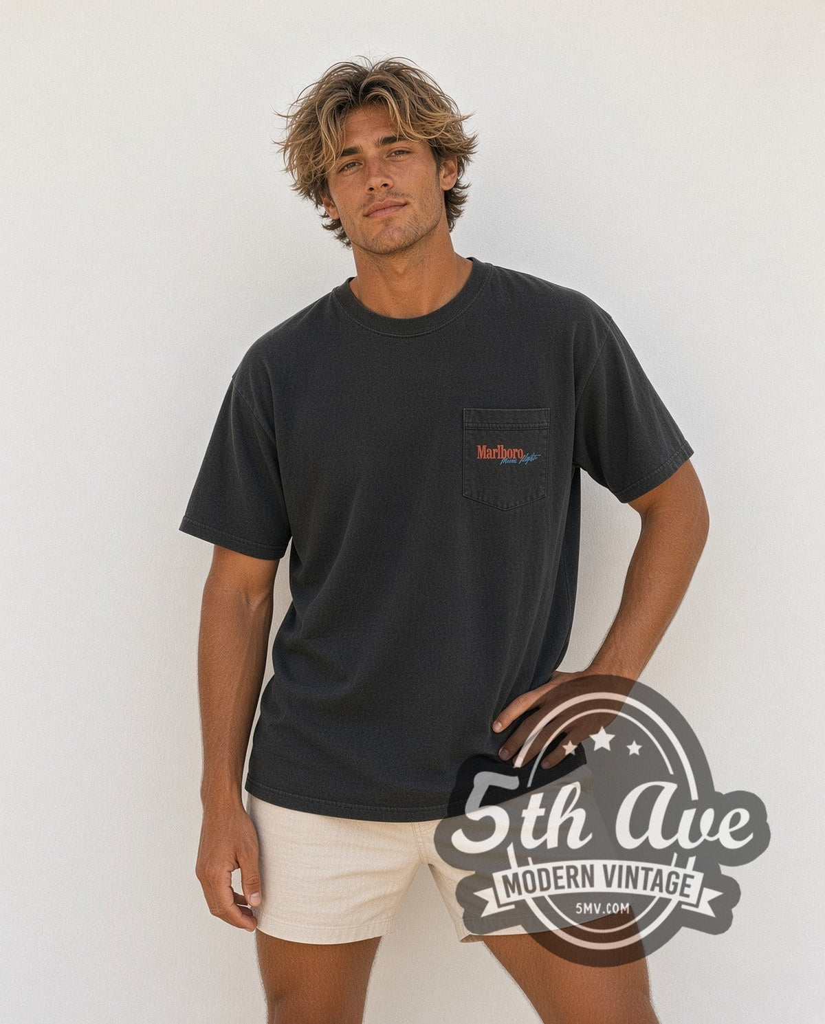 Model wearing the Marlboro Cowboy Pocket vintage graphic tee