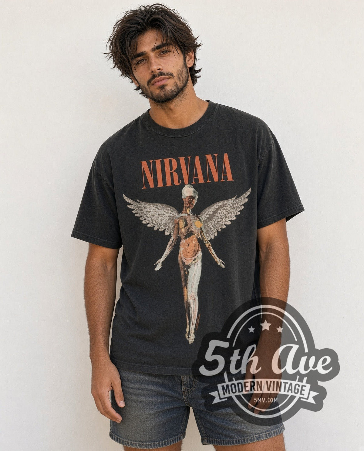 Model wearing the Nirvana In Utero Angel vintage band t-shirt