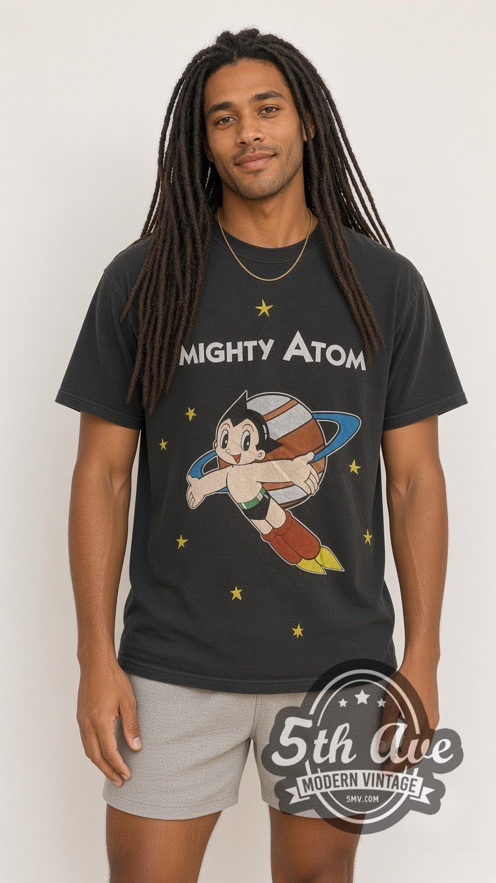 Model wearing the Astro Boy Mighty Atom / Flying Portrait vintage cartoon t-shirt
