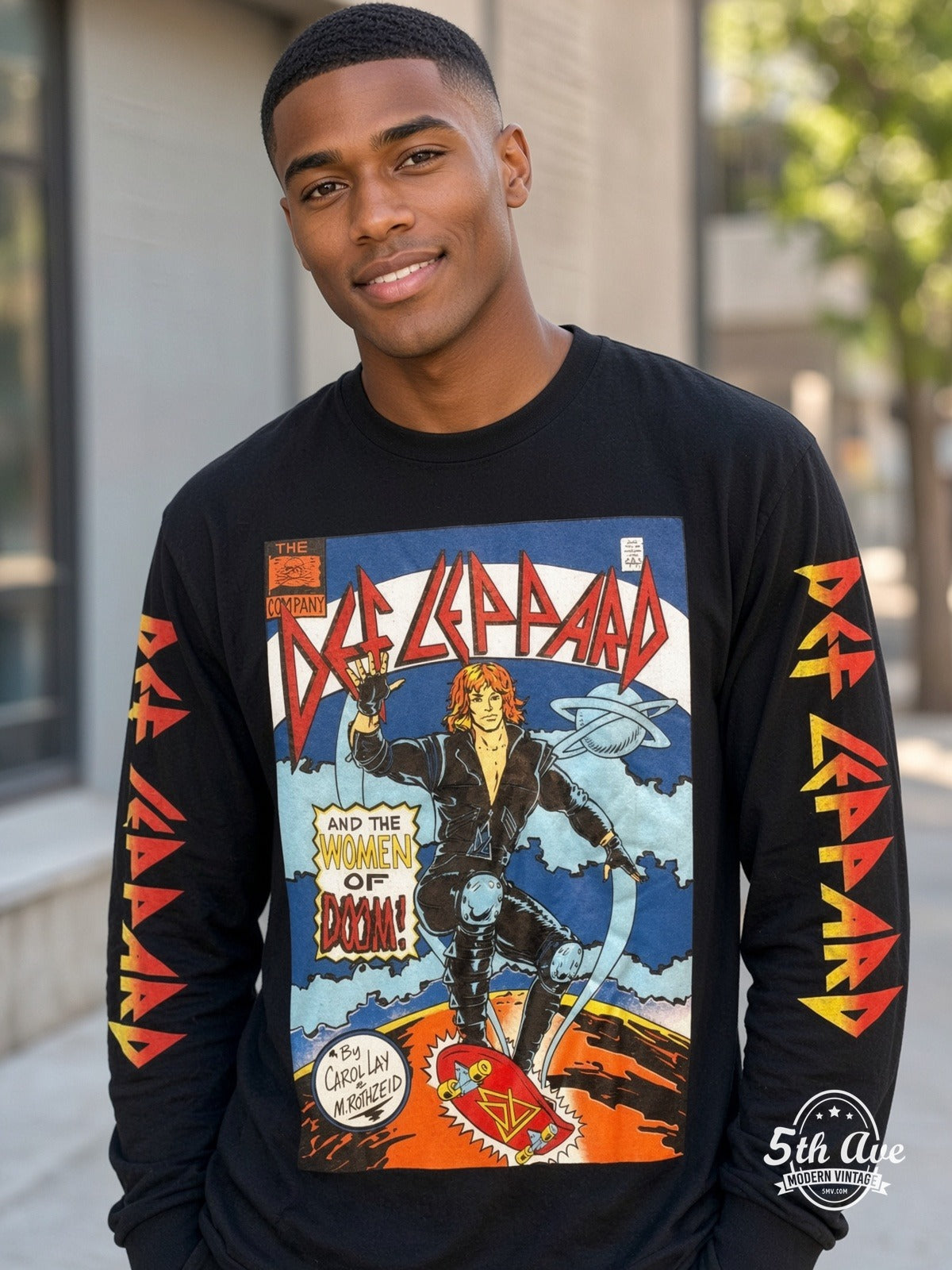 ETS LS 22 Def Leppard Women of Doom Comic long sleeve vintage tee worn by a model