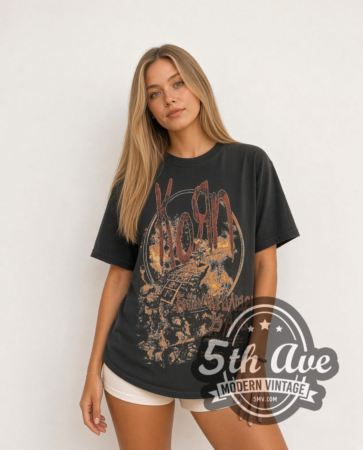 Model wearing the Korn Follow the Leader 25 Years vintage band t-shirt