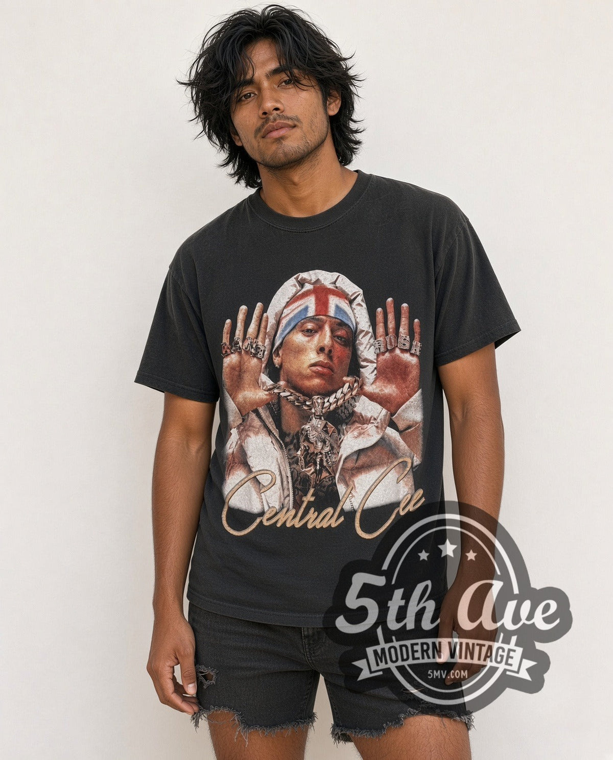 Model wearing the Central Cee Can't Rush Obsessed vintage rap tee