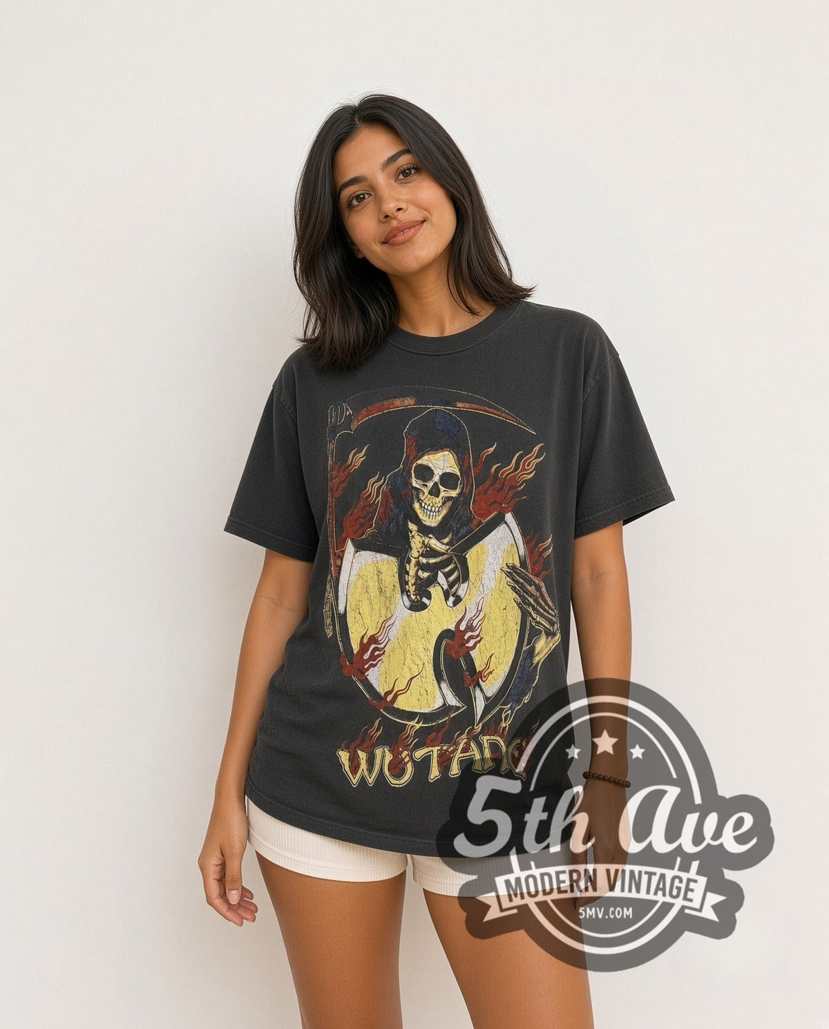 Model wearing the Wu-Tang Clan C.R.E.A.M. Reaper vintage rap tee