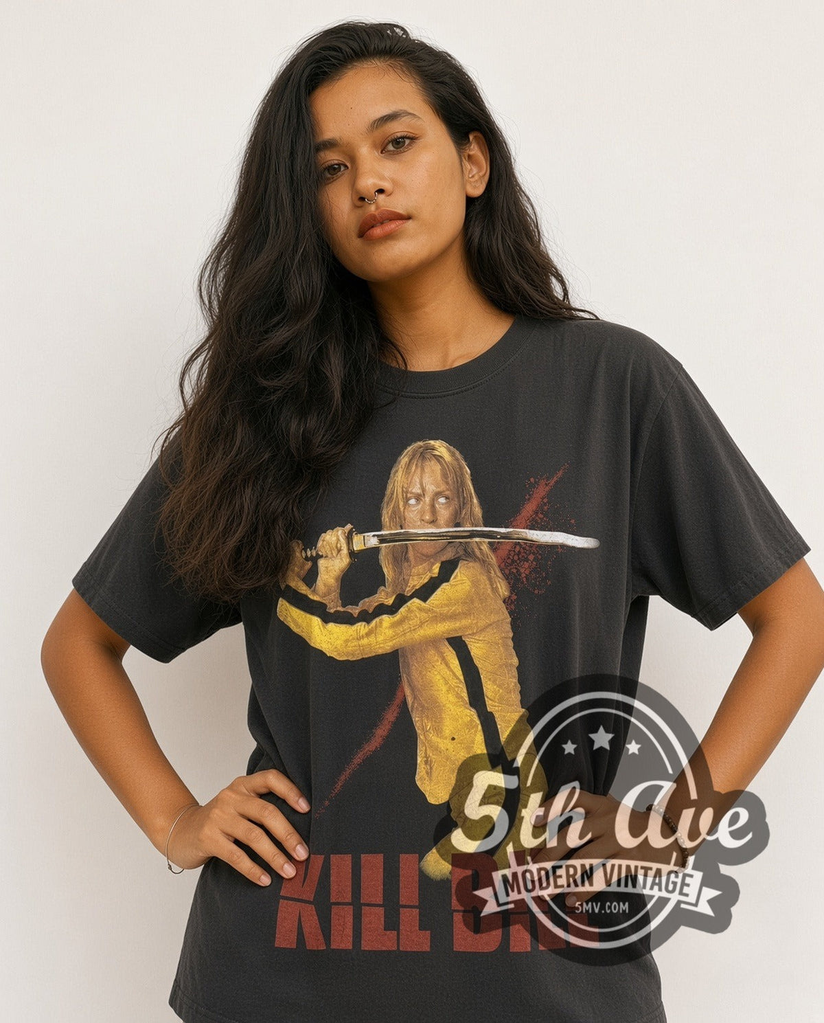 Model wearing the Kill Bill The Bride Uma vintage movie t-shirt