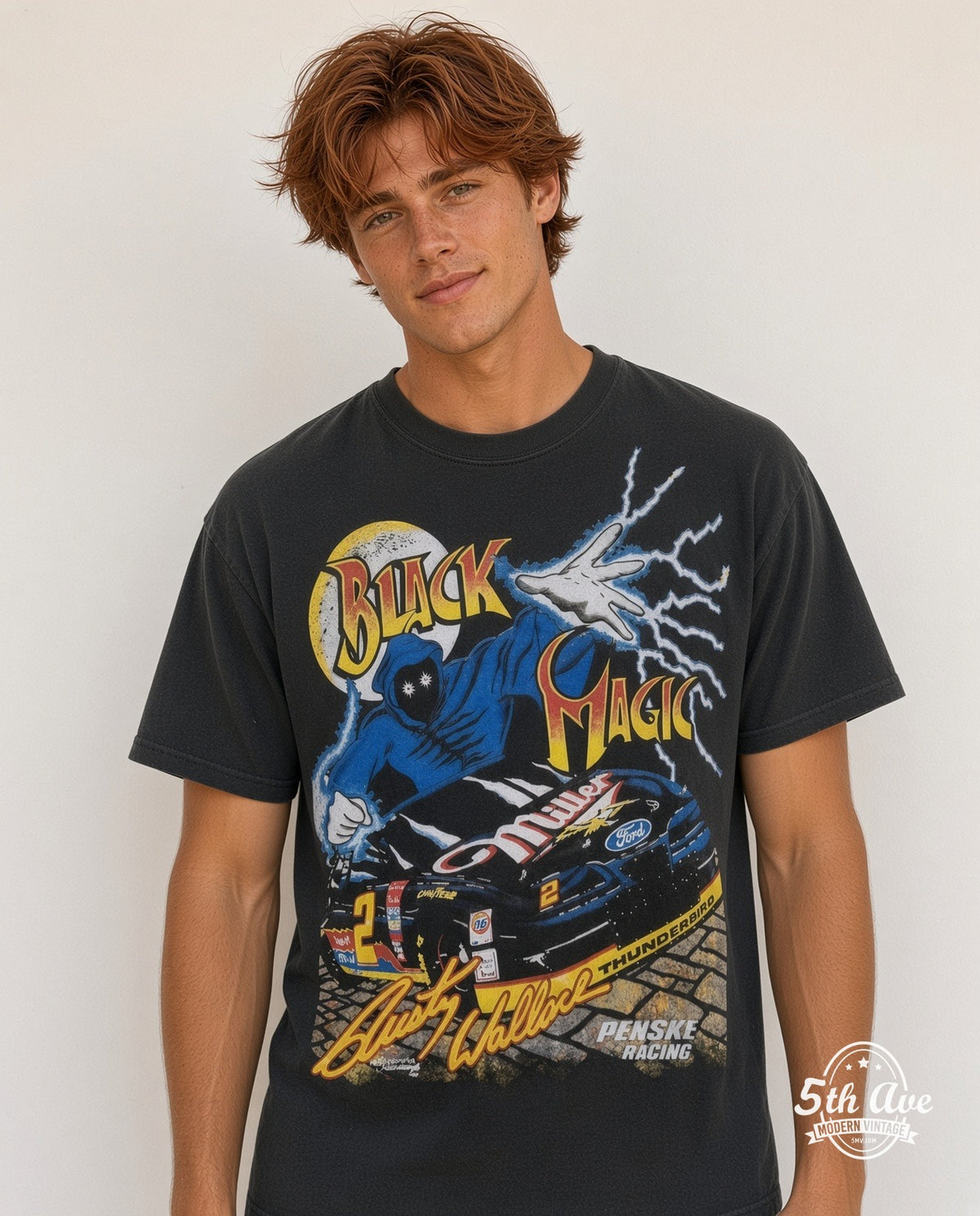 Model wearing the NASCAR Rusty Wallace #2 Black Magic Miller all-over-print vintage graphic t-shirt in black