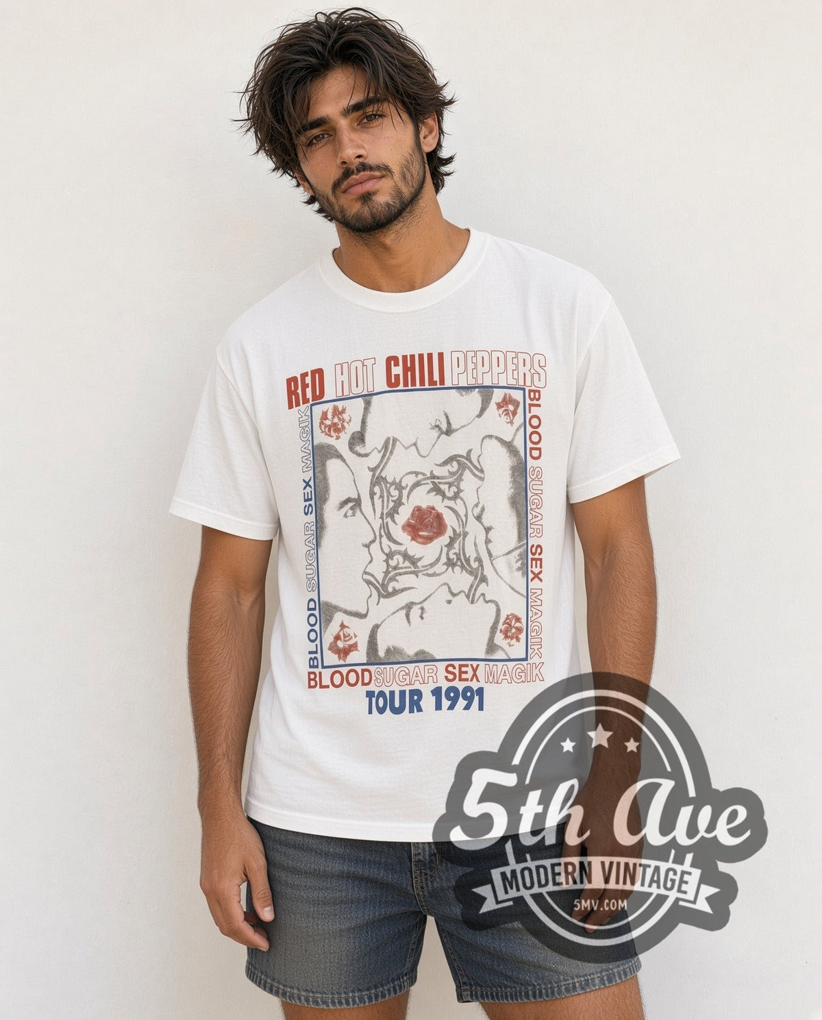 Model wearing the Red Hot Chili Peppers Blood Sugar Sex Magik Tour 1991 vintage band t-shirt