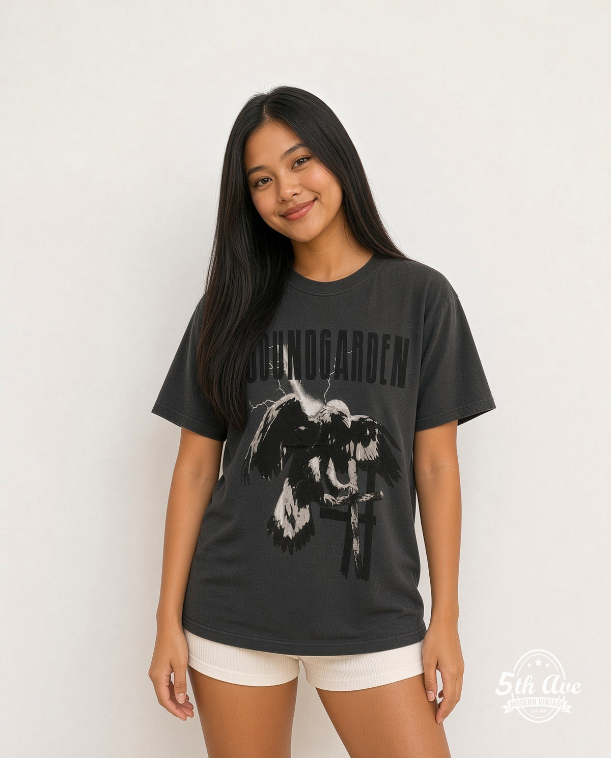 Model wearing the Soundgarden Half Alive Raven Cross vintage band t-shirt