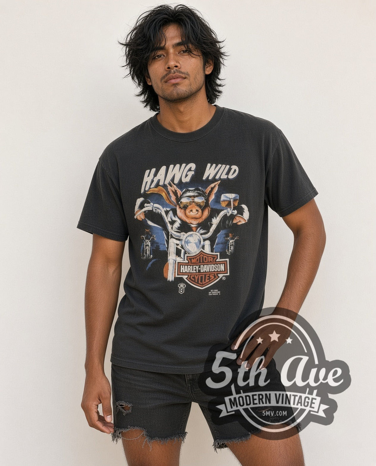Model wearing the Harley-Davidson Hawg Wild Andy's Grand Forks vintage Harley t-shirt