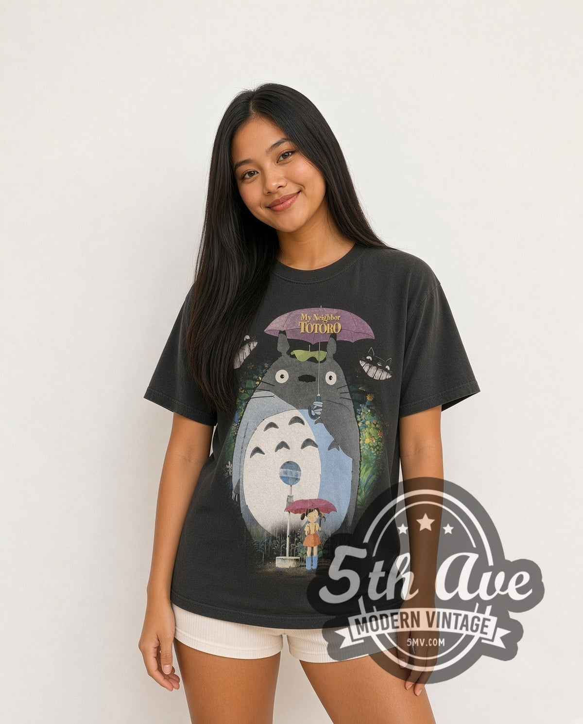 Model wearing the My Neighbor Totoro Bus Stop vintage movie t-shirt