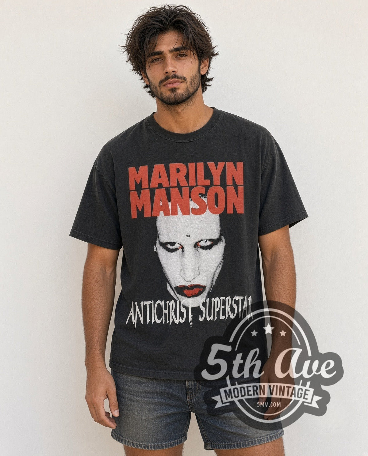 Model wearing the Marilyn Manson Antichrist Superstar Tour vintage band t-shirt