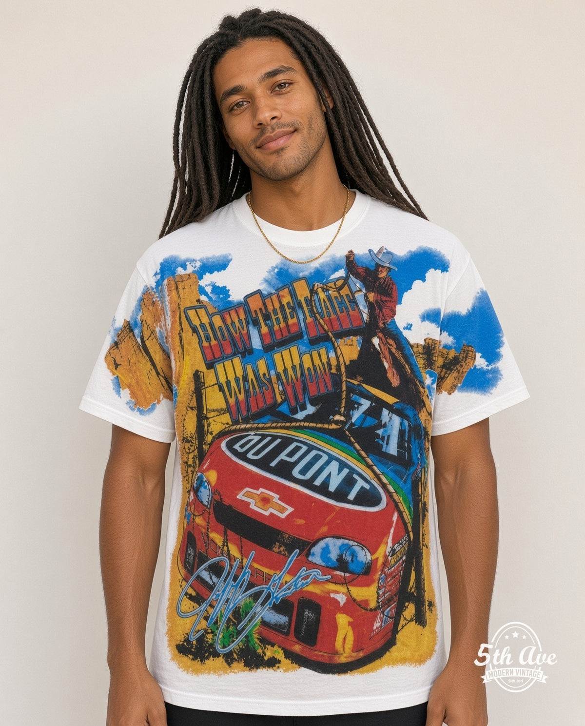 Model wearing the NASCAR Jeff Gordon #24 How The West Was Won all-over-print NASCAR t-shirt in white