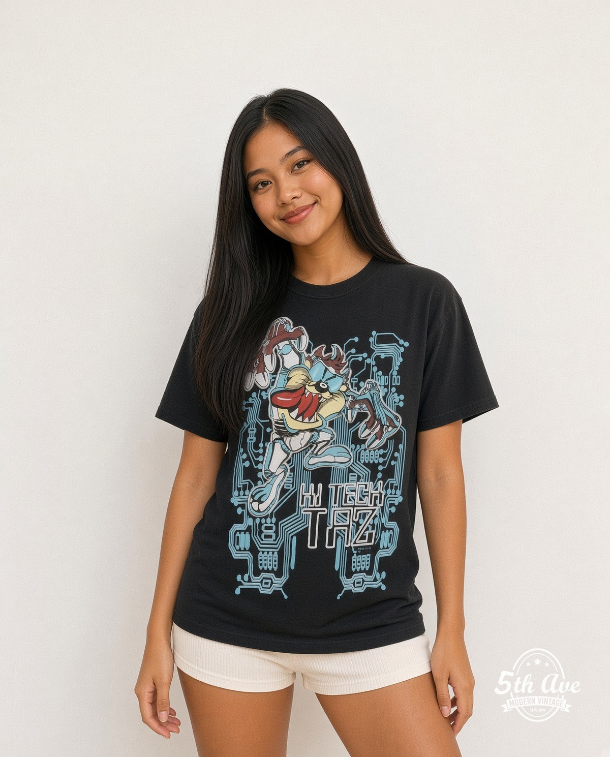 Model wearing Looney Tunes Hi Tech Taz vintage cartoon tee