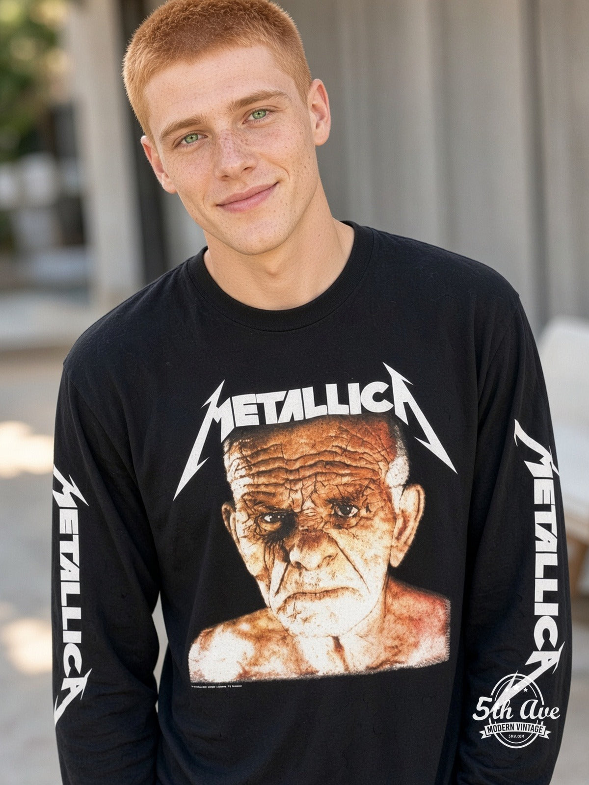 ETS LS 24 Metallica Old Man Face long sleeve vintage tee worn by a model