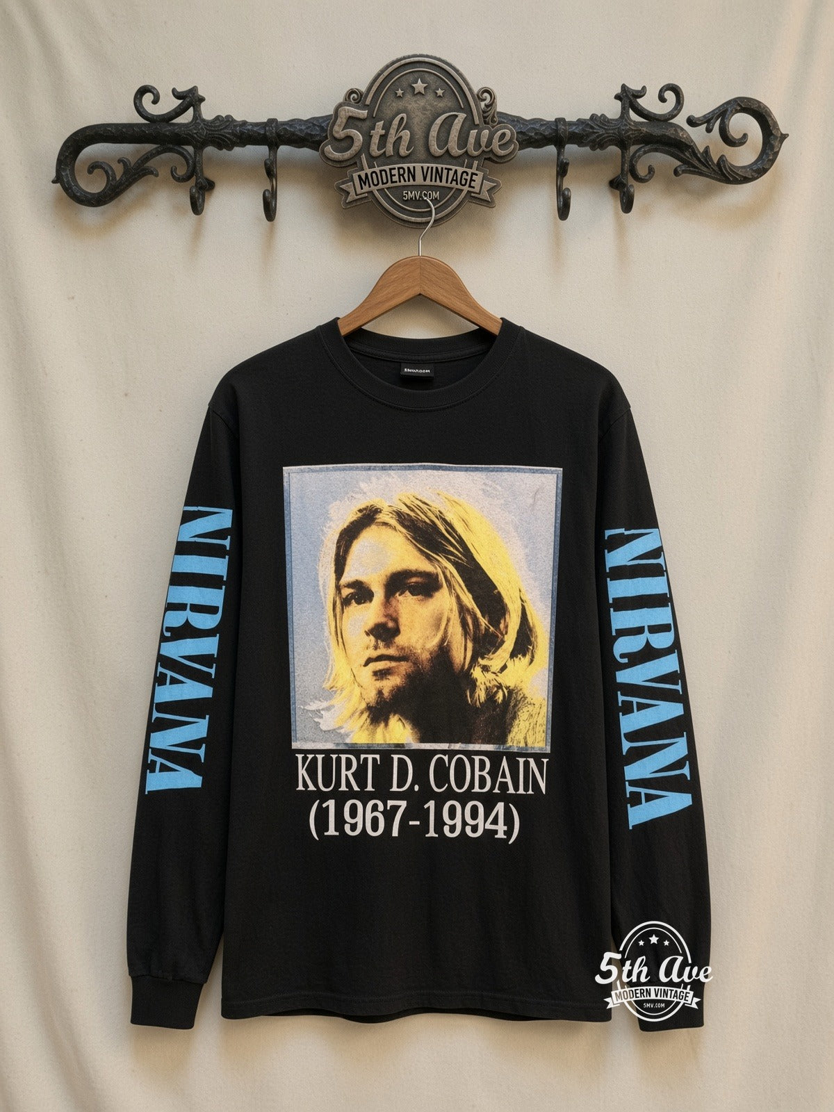ETS LS 25 Nirvana Kurt D. Cobain 1967-1994 Portrait long sleeve vintage tee on rack, front
