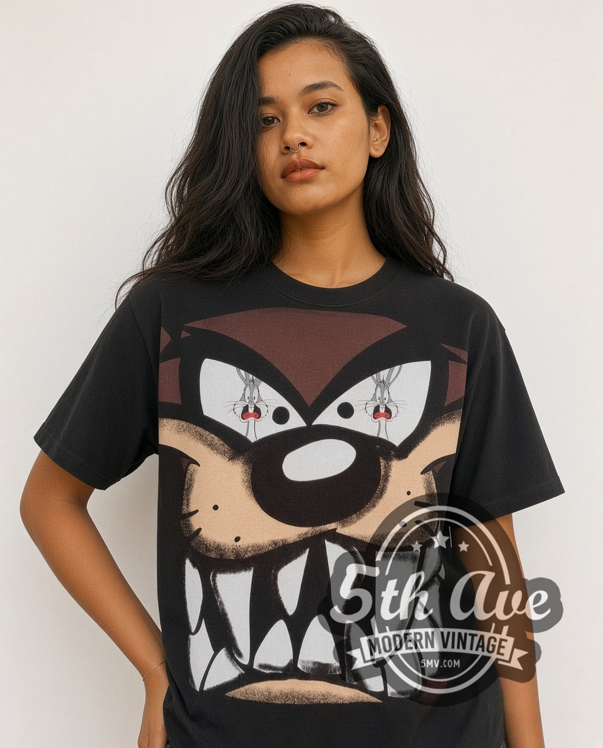 Model wearing the Looney Tunes Taz Giant Face Close-Up all-over-print vintage cartoon t-shirt