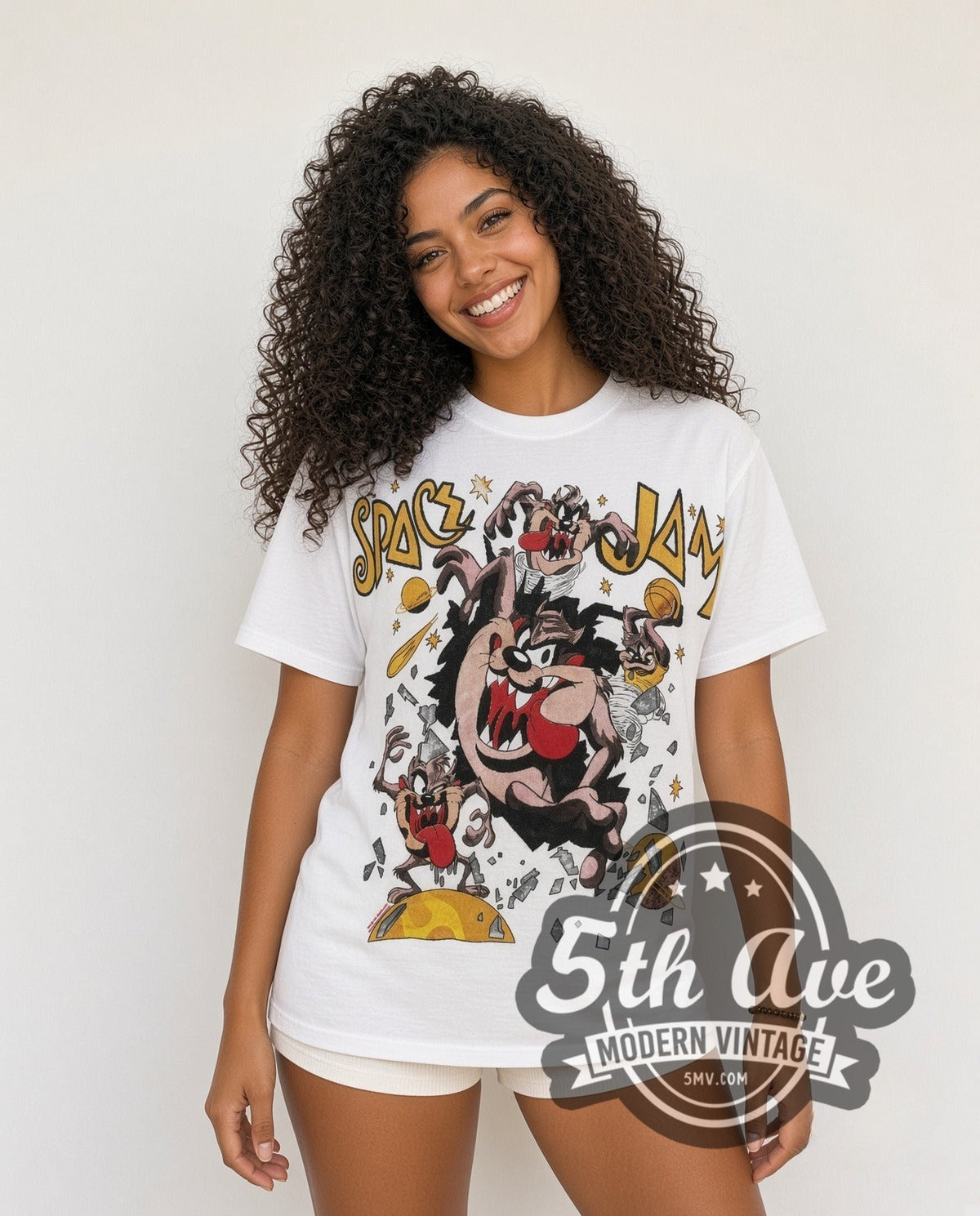 Model wearing the Space Jam Taz Center Court all-over-print vintage cartoon t-shirt in white