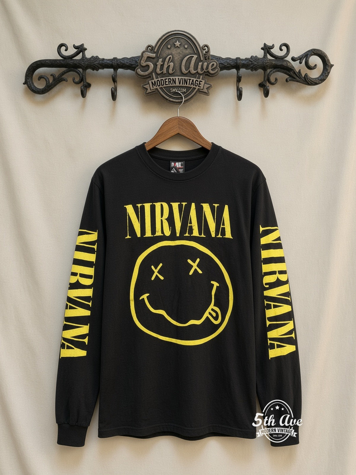 ETS LS 27 Nirvana Smiley Face long sleeve vintage tee on rack, front