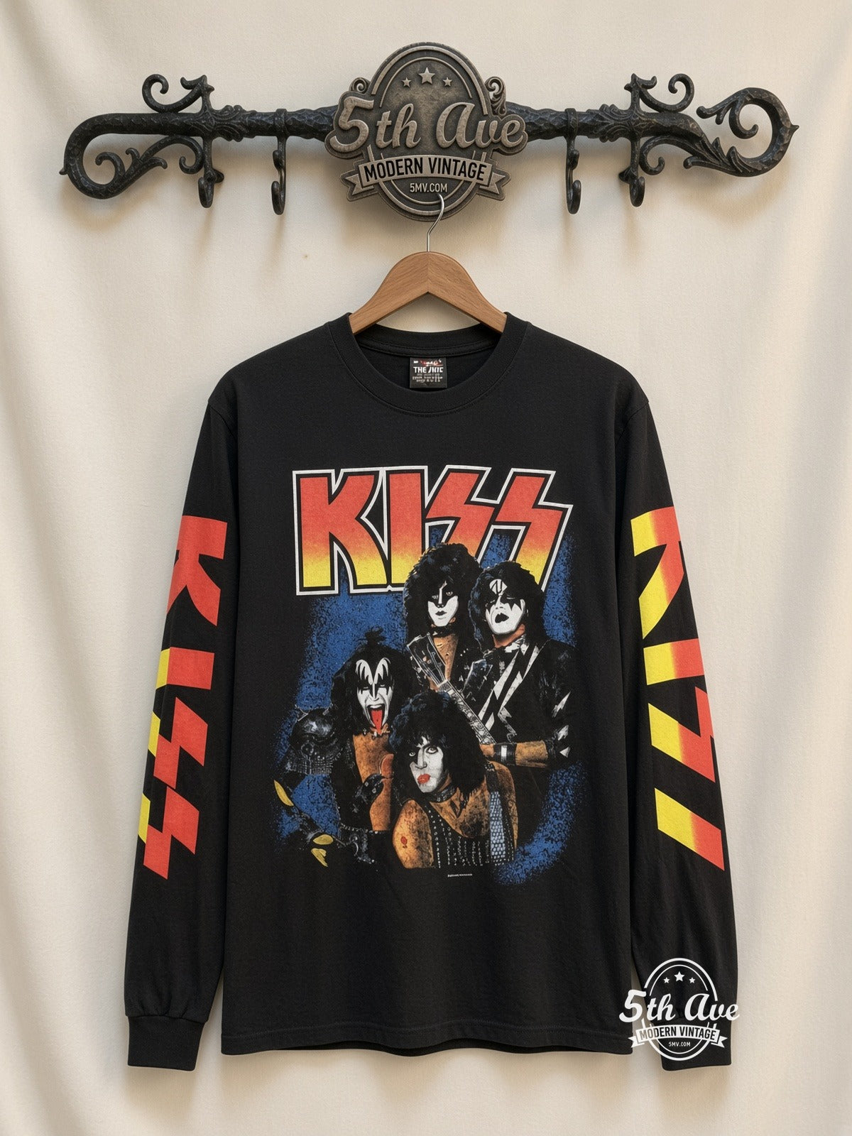 ETS LS 28 KISS Band Photo long sleeve vintage tee on rack, front