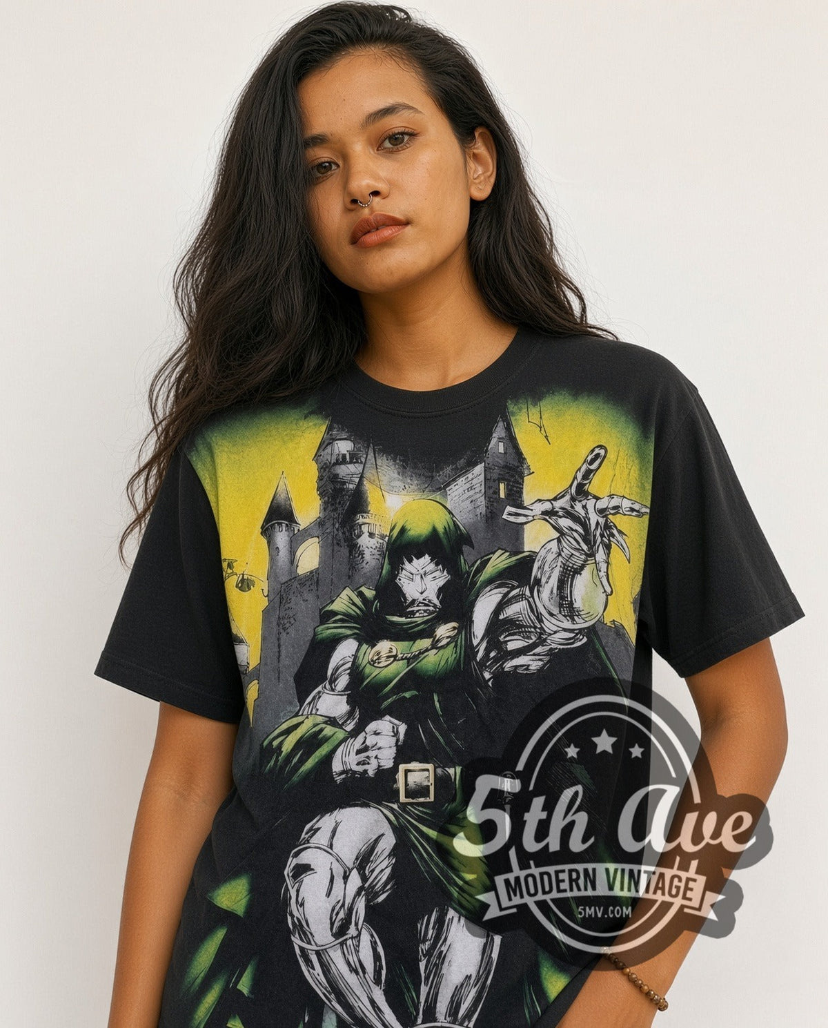Model wearing the Marvel Dr. Doom Castle Energy all-over-print vintage cartoon t-shirt in black