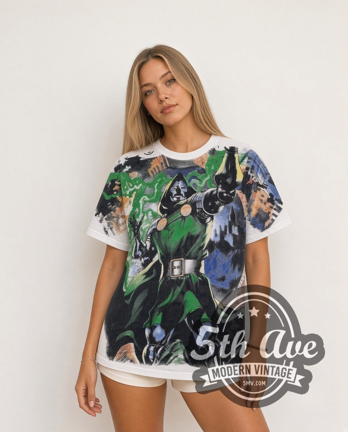 Model wearing the Marvel Dr. Doom Standing Portrait all-over-print vintage cartoon t-shirt in white