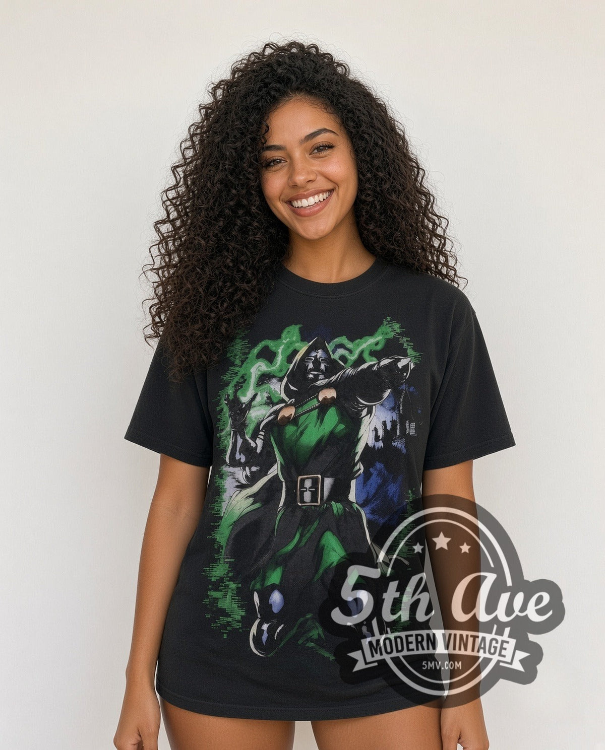 Model wearing the Marvel Dr. Doom Standing Portrait all-over-print vintage cartoon t-shirt in black