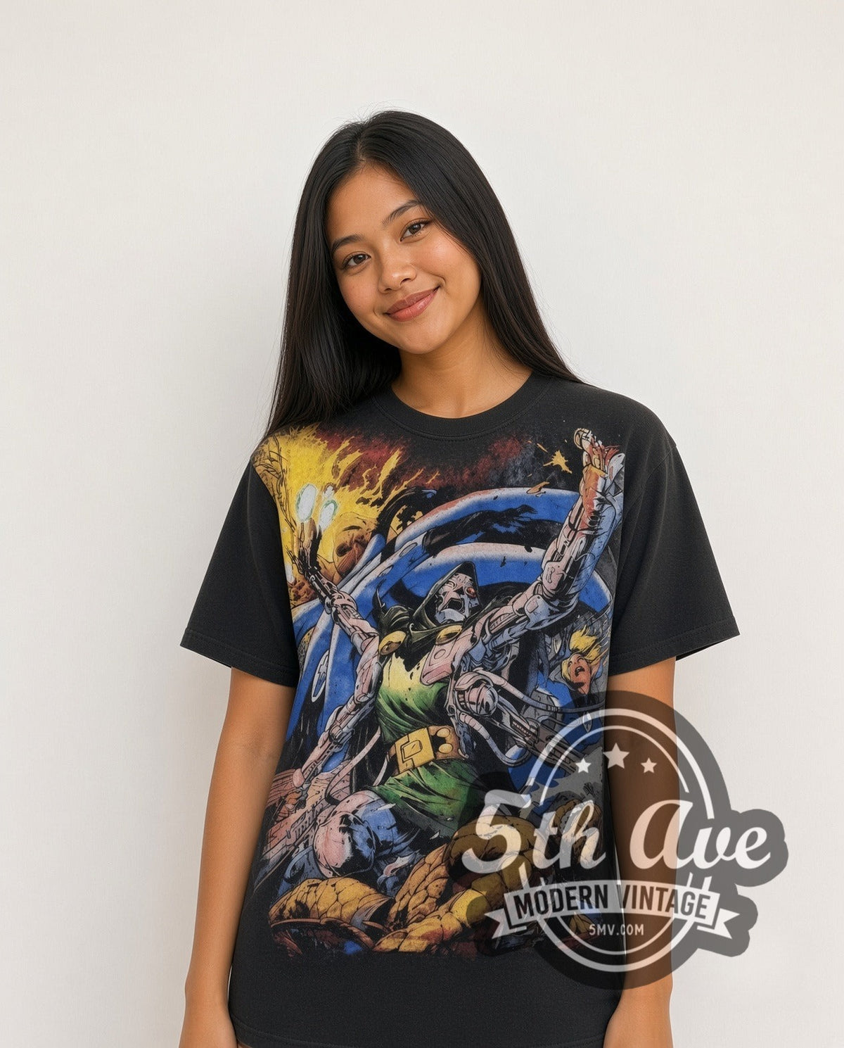 Model wearing the Marvel Dr. Doom Cosmic Battle all-over-print vintage cartoon t-shirt in black