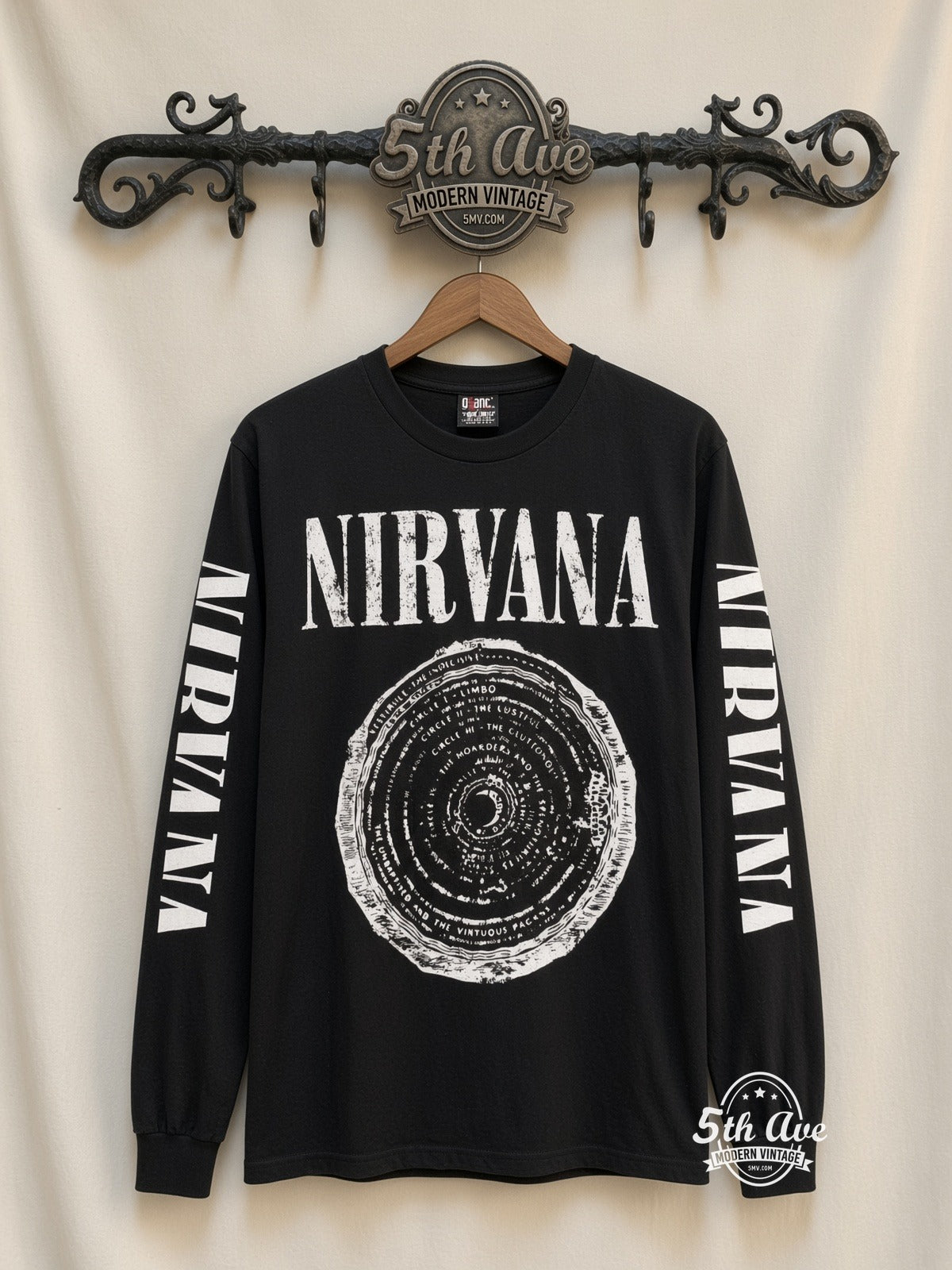 ETS LS 29 Nirvana Vestibule Circle long sleeve vintage tee on rack, front