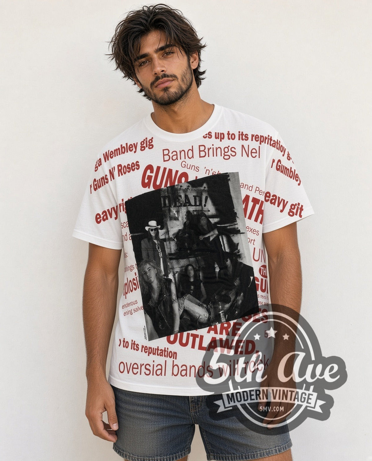Model wearing the Guns N' Roses Newspaper Outlawed V2 all-over-print vintage band t-shirt