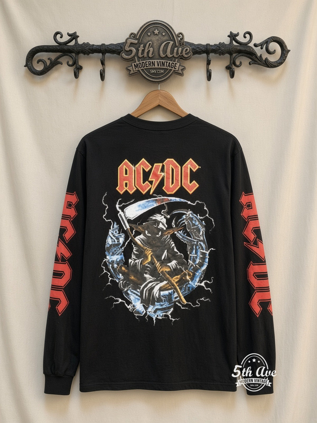 ETS LS 30 AC/DC Angus Money long sleeve vintage tee on rack, back