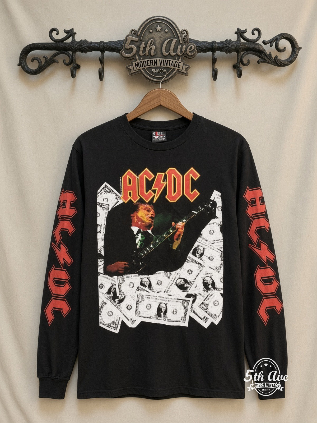 ETS LS 30 AC/DC Angus Money long sleeve vintage tee on rack, front