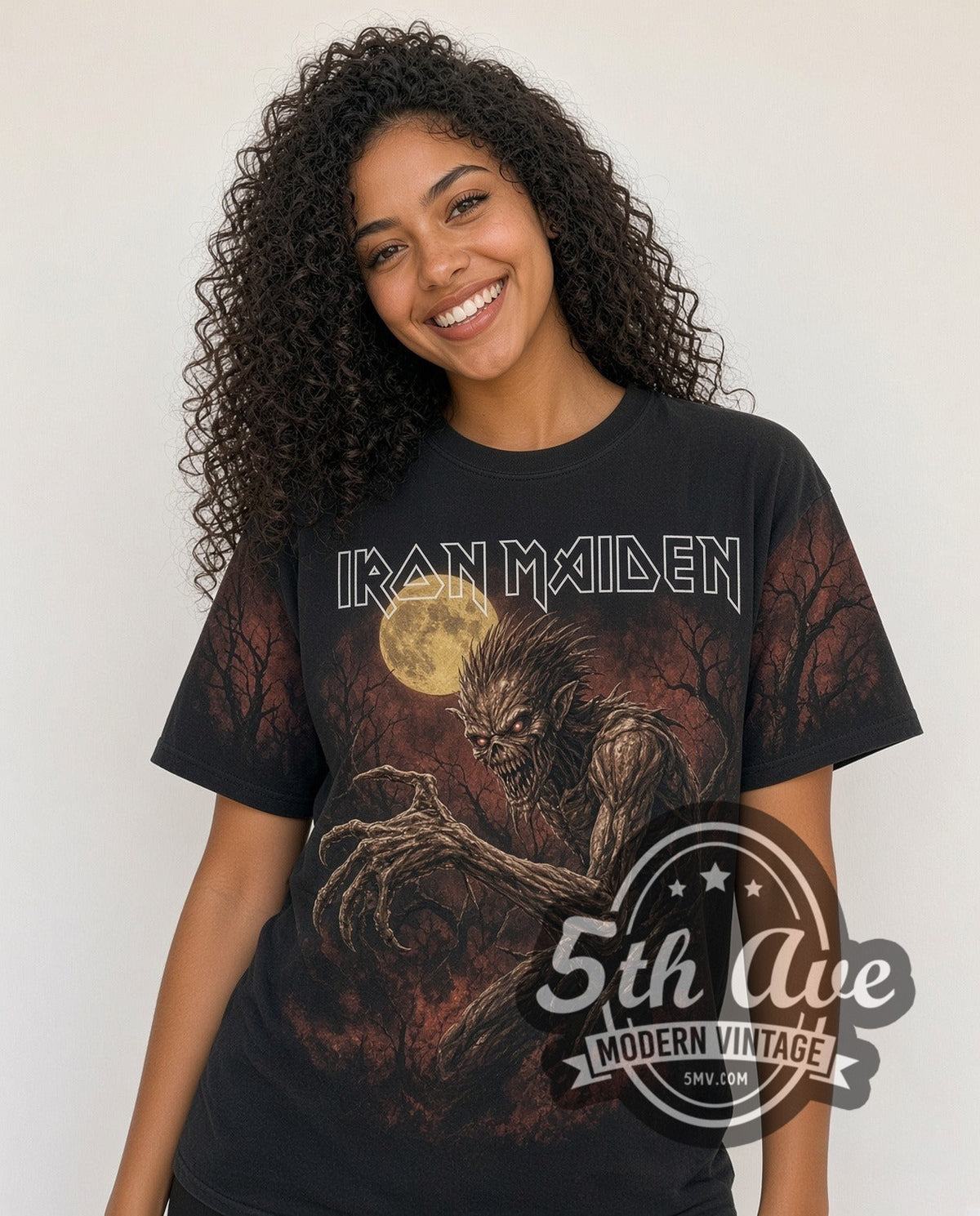 Model wearing the Iron Maiden Fear of the Dark Tree Eddie all-over-print vintage band t-shirt in black