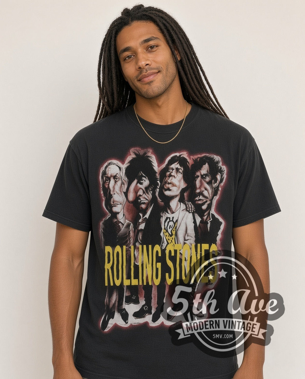 Model wearing The Rolling Stones Voodoo Lounge Caricature all-over-print vintage band t-shirt in black