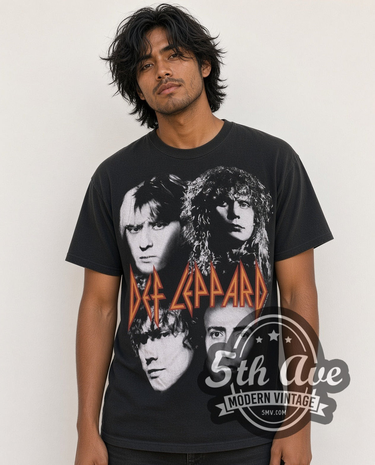 Model wearing the Def Leppard Never Ending Weekend Tour 93 all-over-print vintage band t-shirt in black