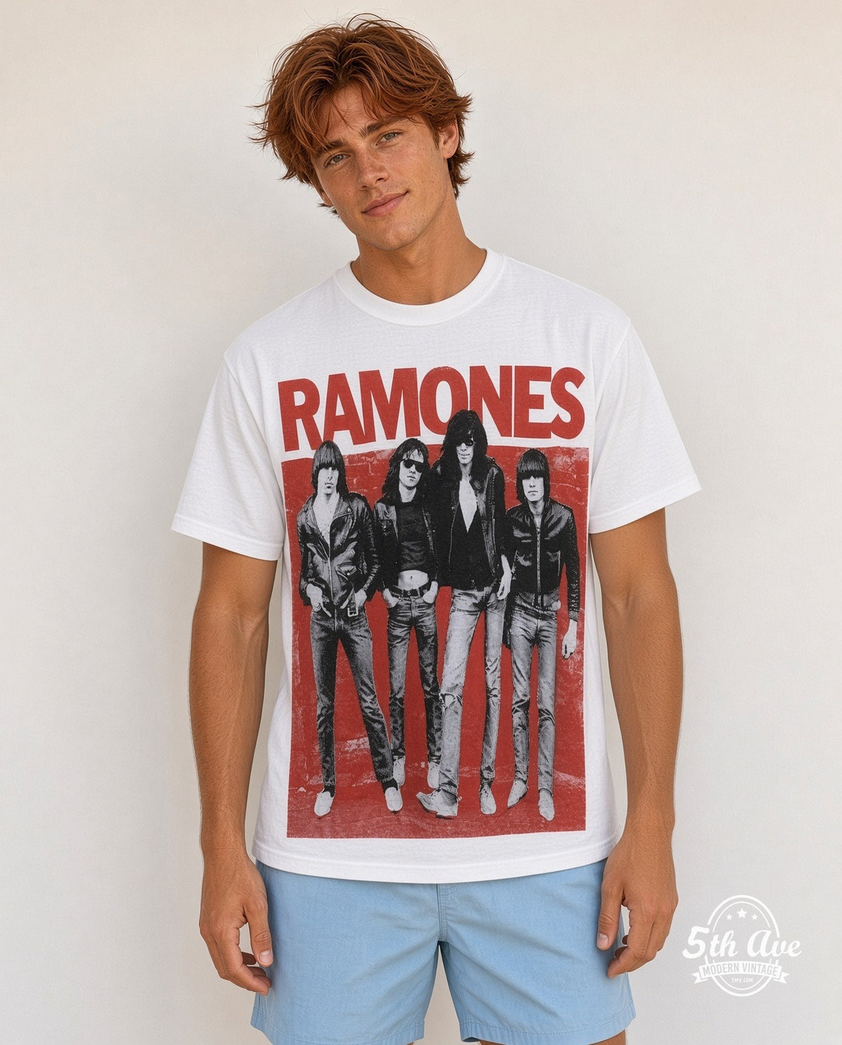 Model wearing the Ramones Band Photo Red Logo all-over-print vintage band t-shirt in white