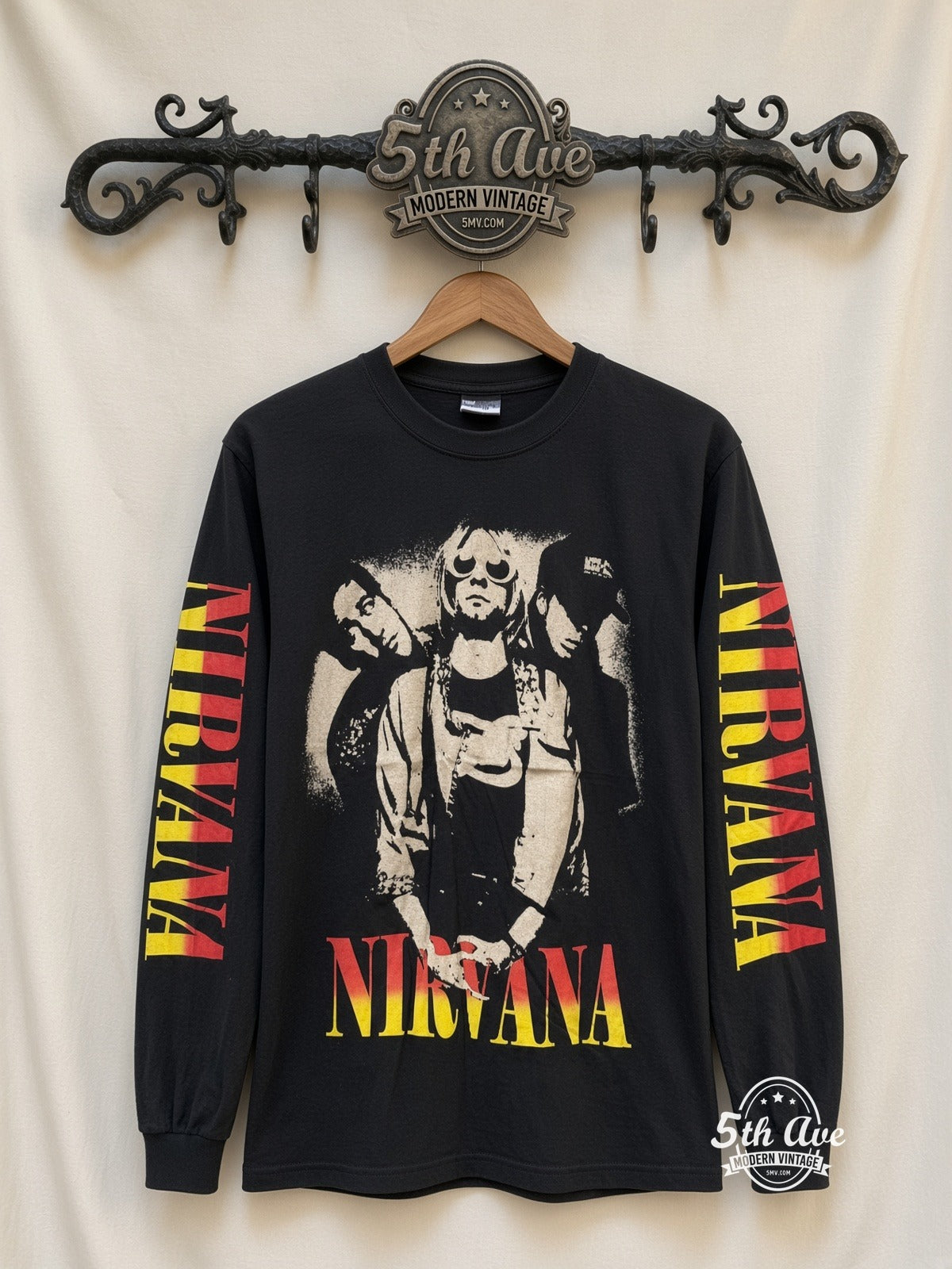 ETS LS 32 Nirvana Trio Photo long sleeve vintage tee on rack, front