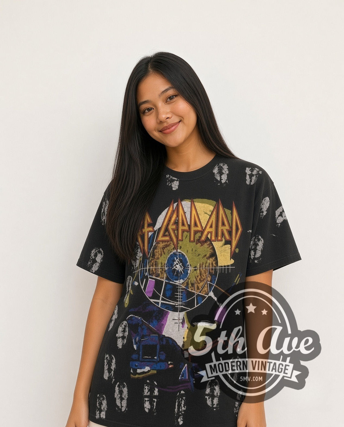 Model wearing the Def Leppard Hysteria Pyromania Mashup all-over-print vintage band t-shirt in black