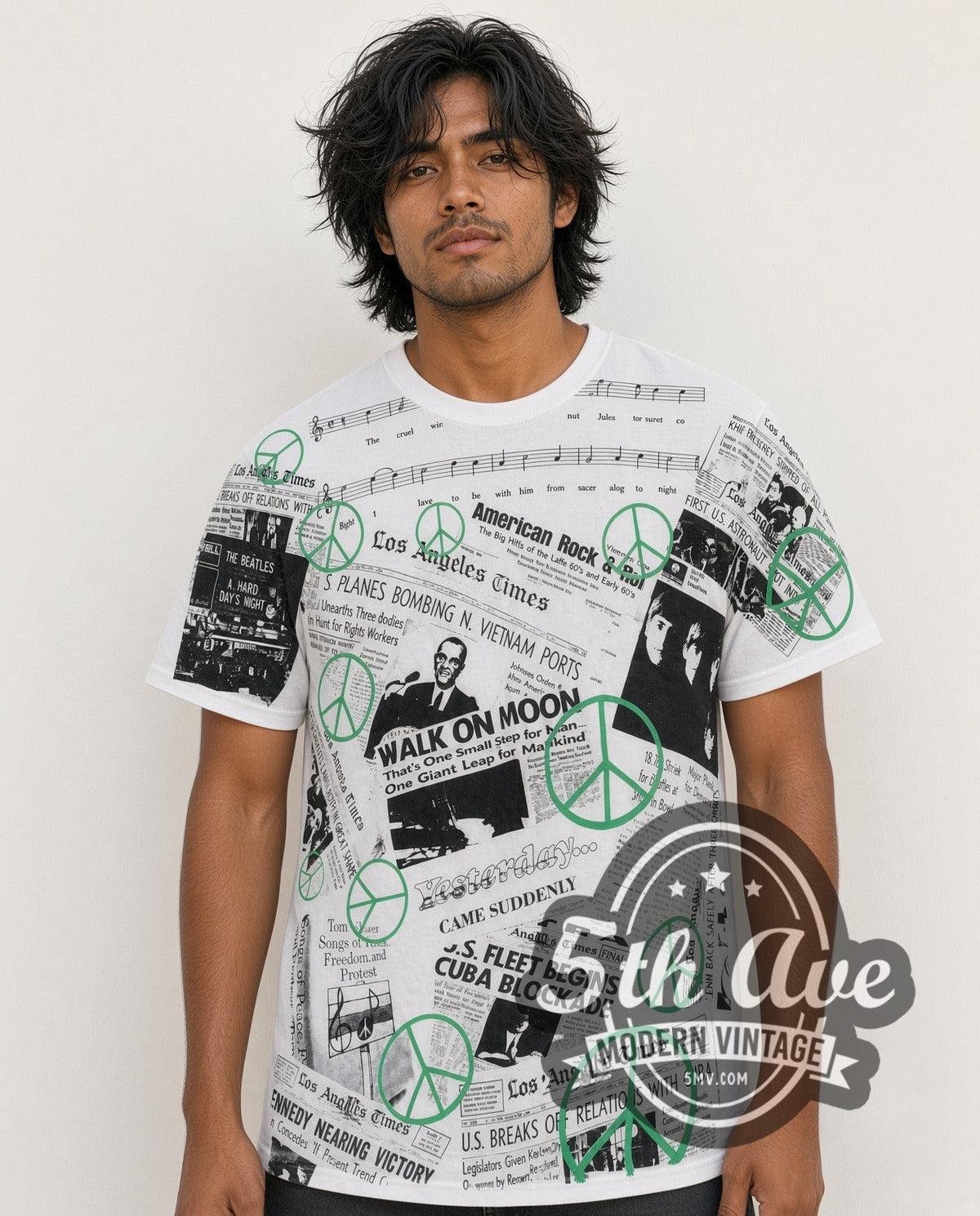 Model wearing the John Lennon War Is Over Newspaper all-over-print vintage band tee in white