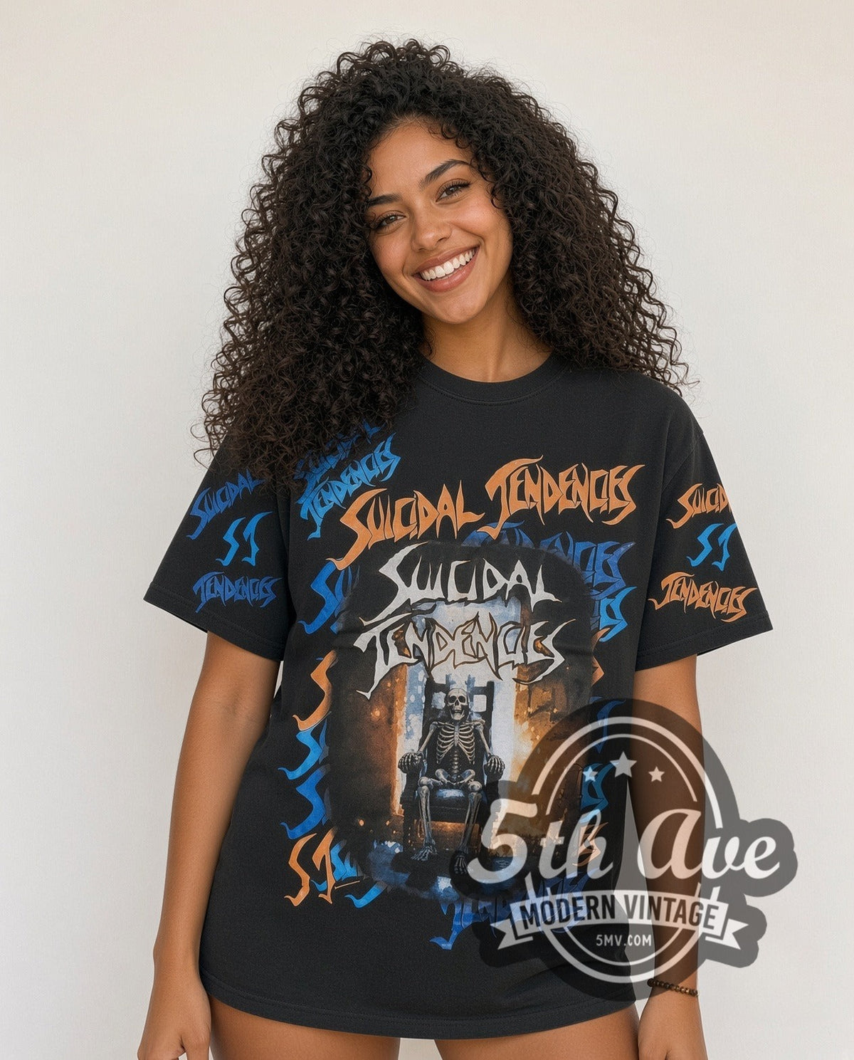 Model wearing the Suicidal Tendencies Logos Skeleton all-over-print vintage band t-shirt in black